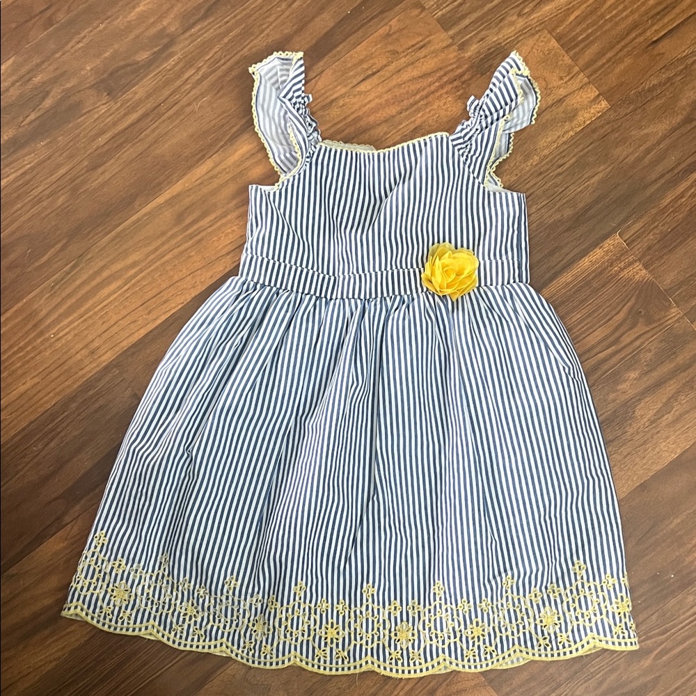 Striped Blue and White Kids Dress with Yellow Flower Accent